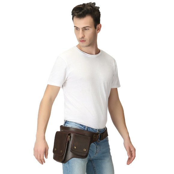 Panashe Genuine Leather Brown Waist Bag Handmade Belt with 4 Pockets Adjustable